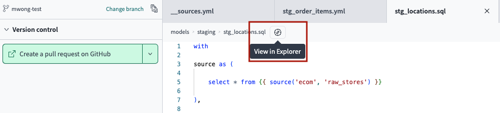Access dbt Explorer from the IDE by clicking on the 'View in Explorer' icon next to the file breadcrumbs.  Access dbt Explorer from the IDE by clicking on the 'View in Explorer' icon next to the file breadcrumbs.