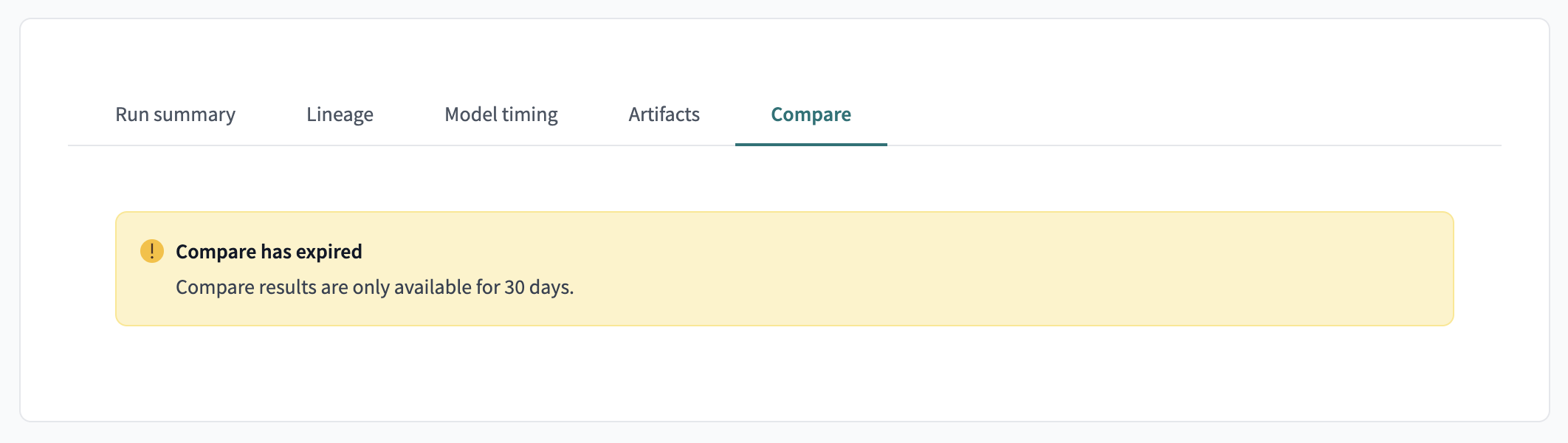 Example of message about expired data in the Compare tab Example of message about expired data in the Compare tab